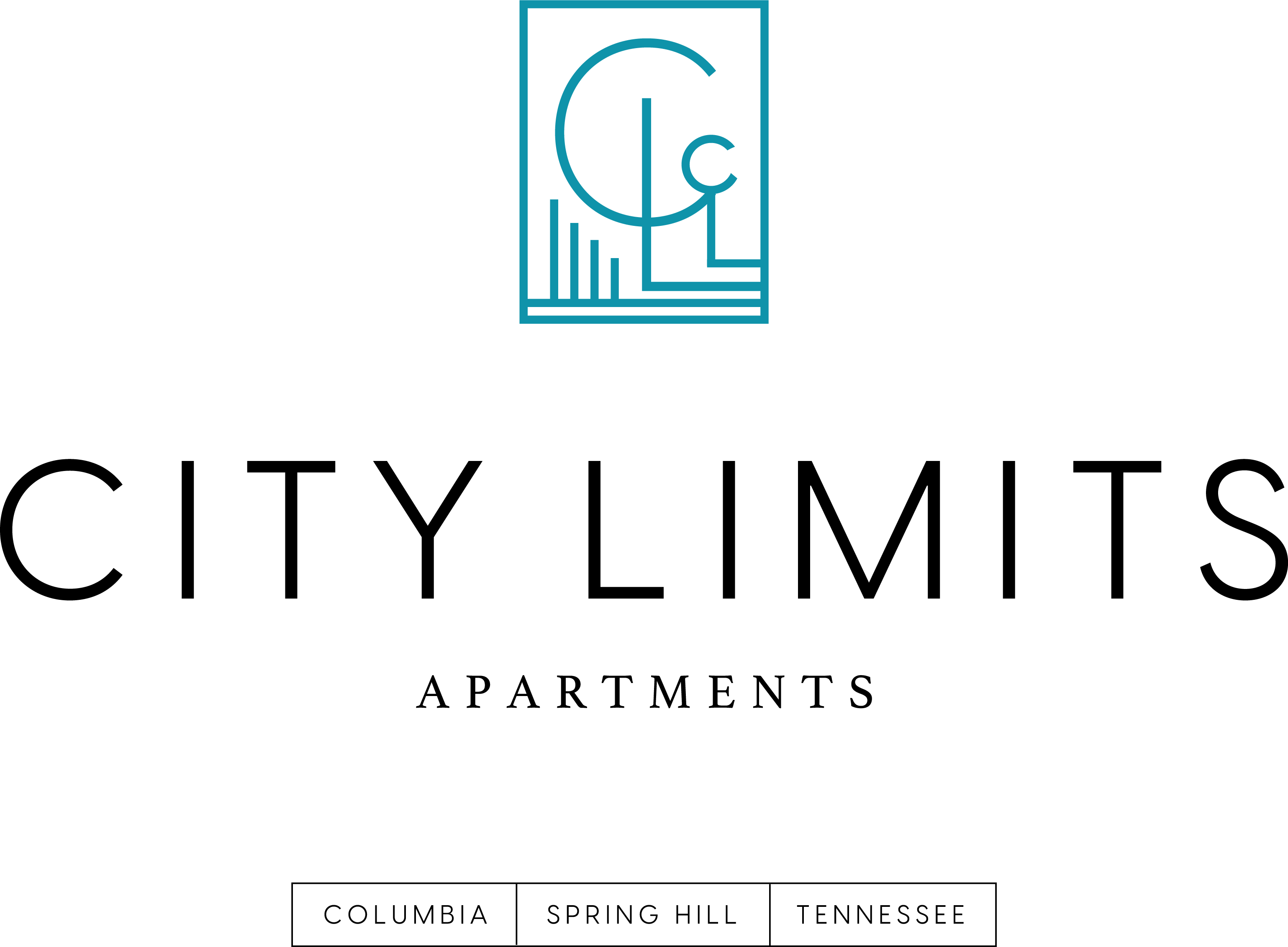 A logo with the words "City Limits Apartments" and three locations listed below it.